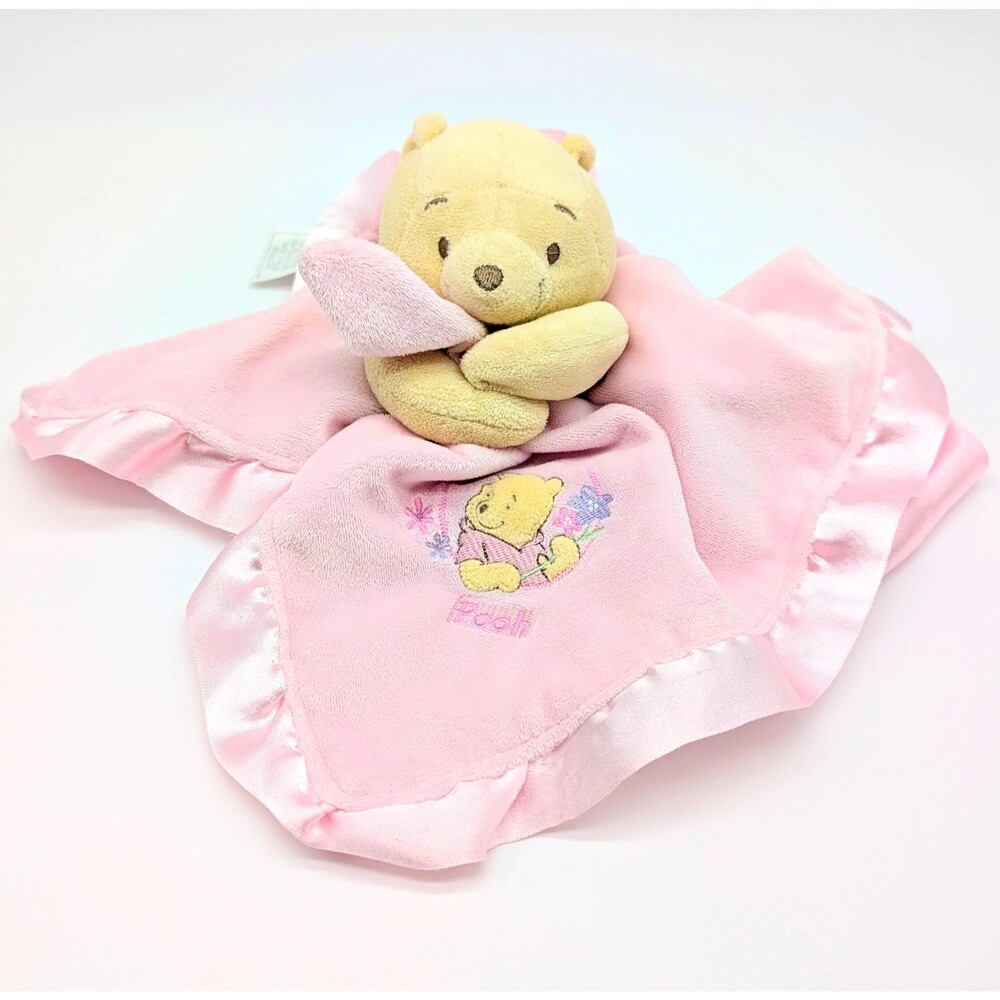 Disney Baby Winnie the Pooh Pink Satin Trim Lovey Security Blanket 15" Rattle